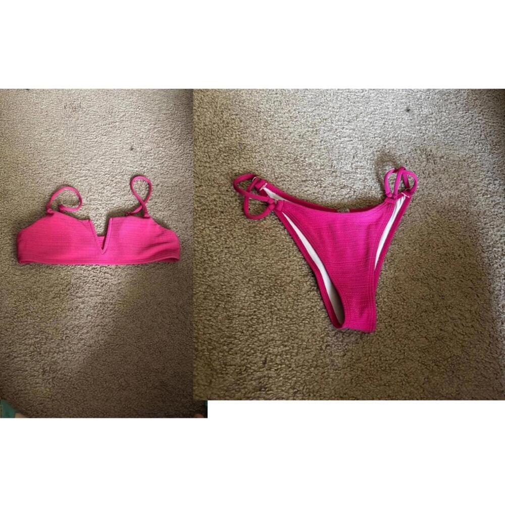 💕SHEIN Pink Deep V Adjustable Strap Bikini Top and Cheeky Bottom Set
